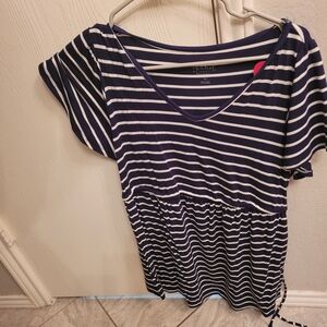 Navy and White Striped Women's Top OVERSIZED fit Loose Elastic Waistband